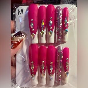 Pink and White Rhinestone Nail Set